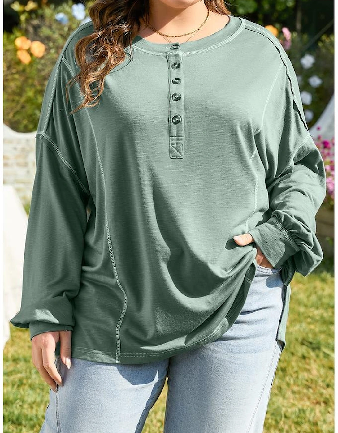 Seagrass Plus Size Exposed Seam Drop Shoulder Henley Top