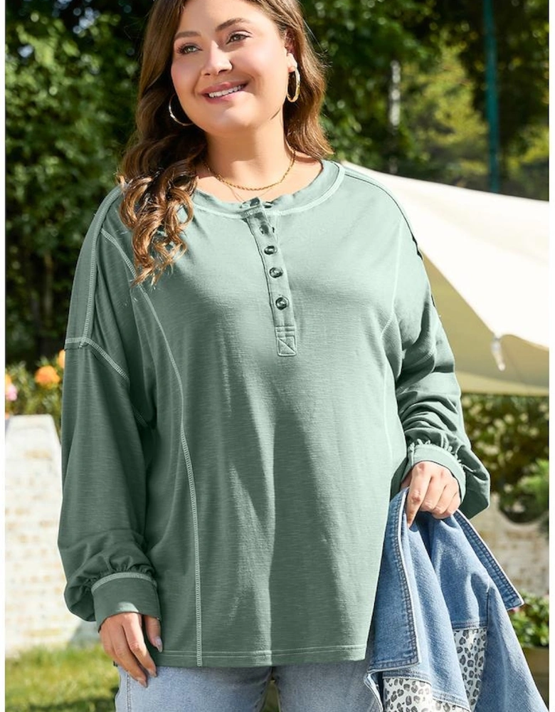 Seagrass Plus Size Exposed Seam Drop Shoulder Henley Top