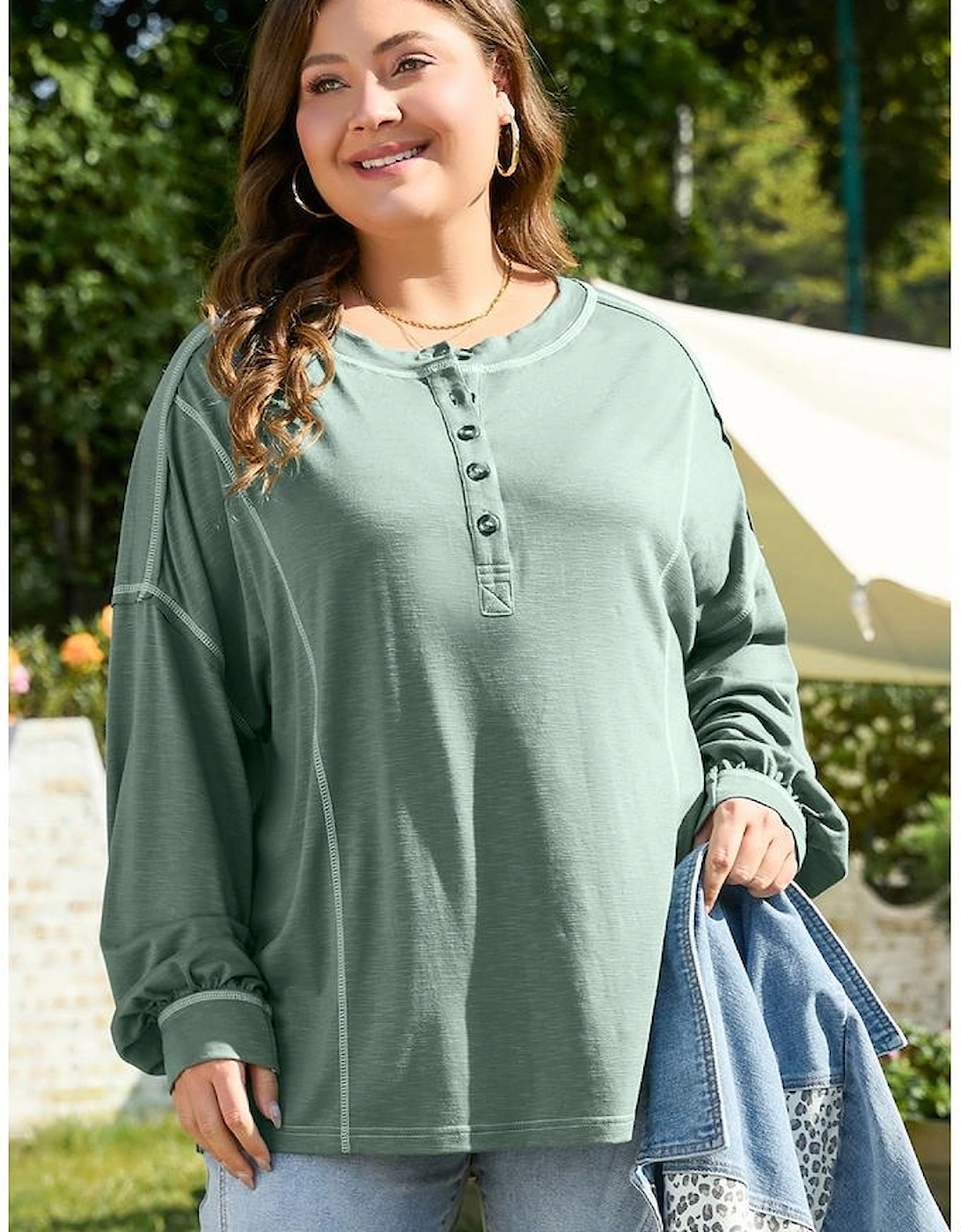 Seagrass Plus Size Exposed Seam Drop Shoulder Henley Top