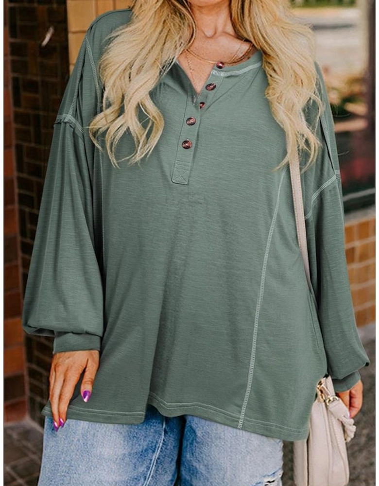 Seagrass Plus Size Exposed Seam Drop Shoulder Henley Top