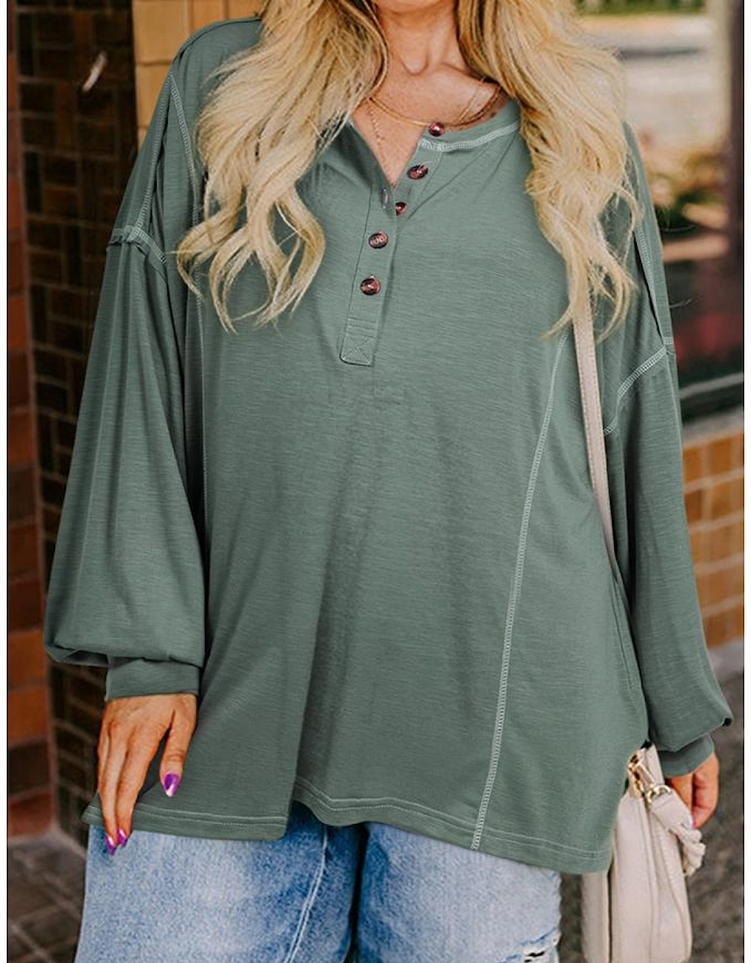 Seagrass Plus Size Exposed Seam Drop Shoulder Henley Top