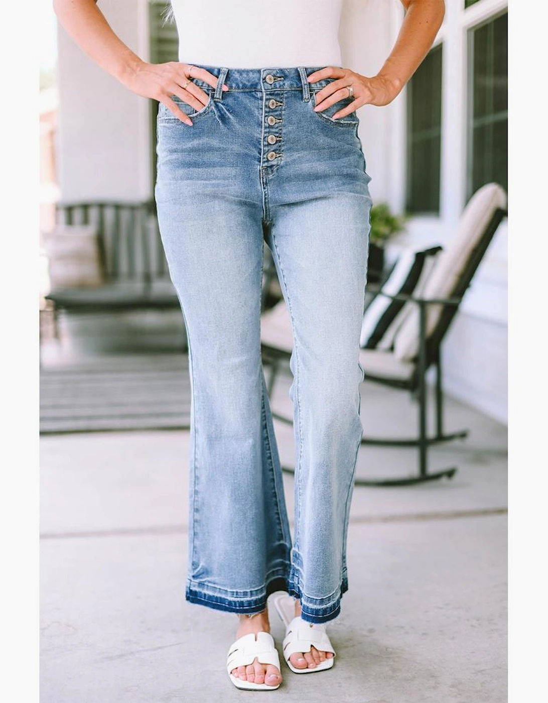Sky Blue High Waist Buttoned Distressed Flared Jeans