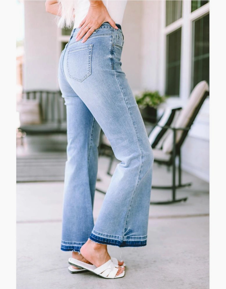 Sky Blue High Waist Buttoned Distressed Flared Jeans