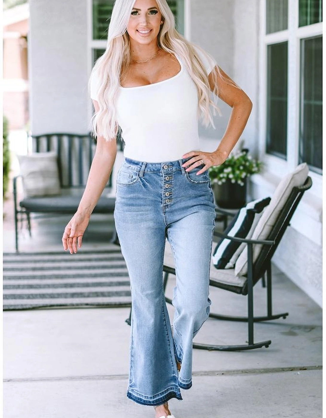 Sky Blue High Waist Buttoned Distressed Flared Jeans