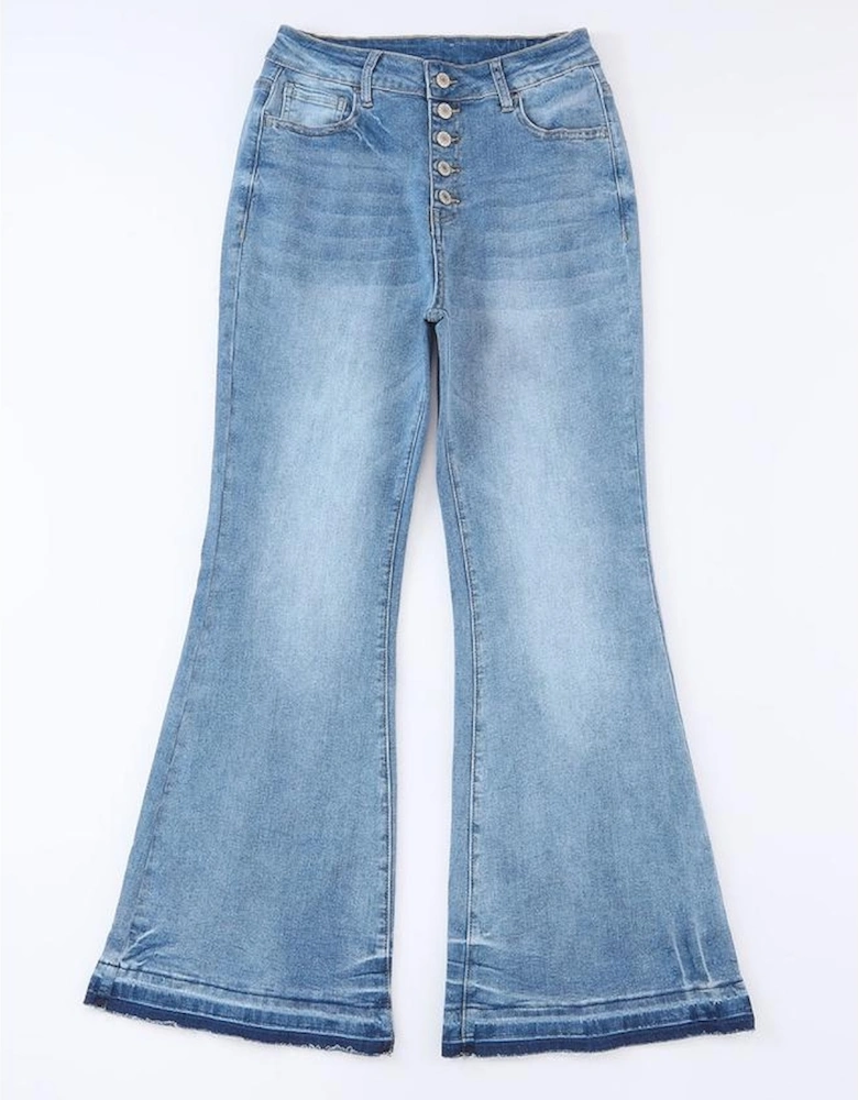 Sky Blue High Waist Buttoned Distressed Flared Jeans