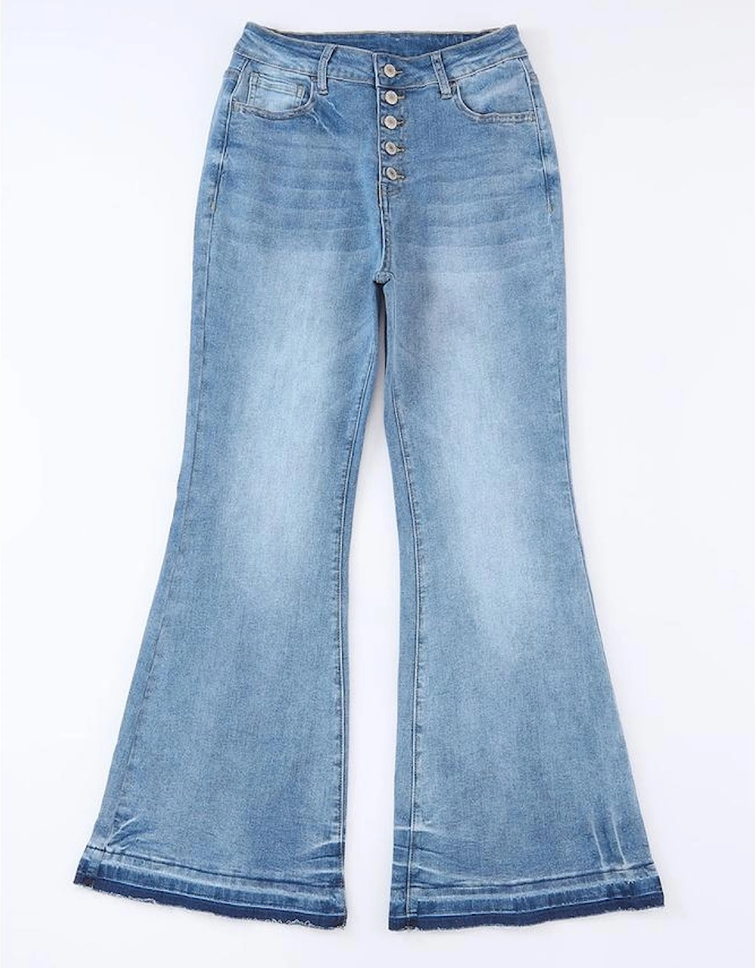Sky Blue High Waist Buttoned Distressed Flared Jeans