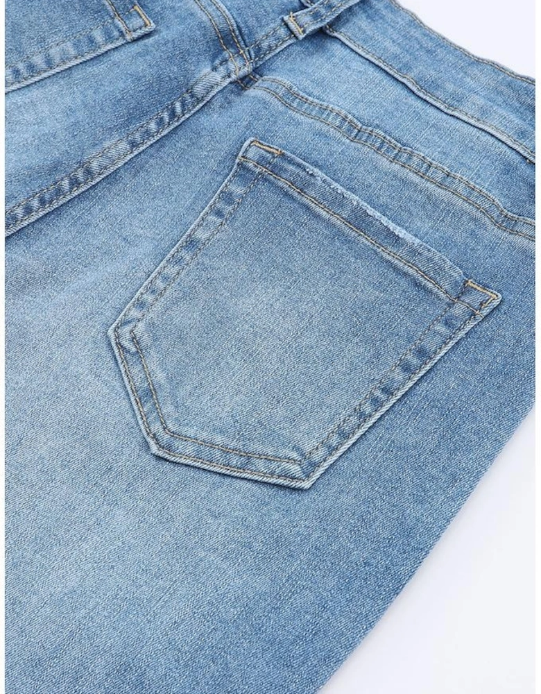 Sky Blue High Waist Buttoned Distressed Flared Jeans