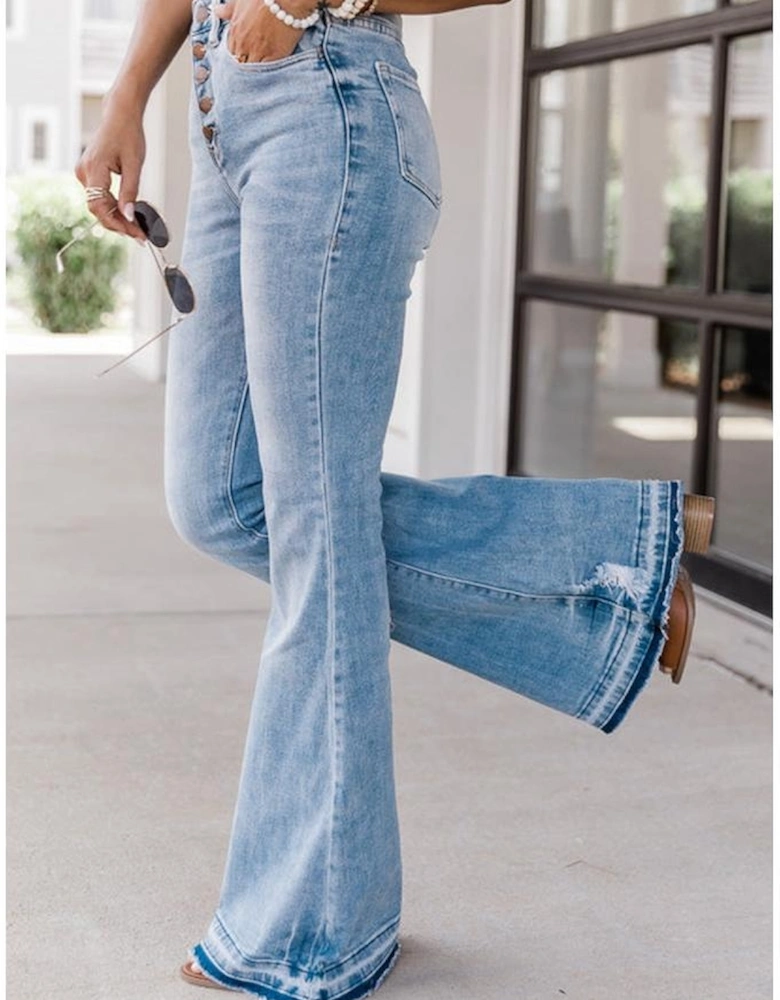 Sky Blue High Waist Buttoned Distressed Flared Jeans