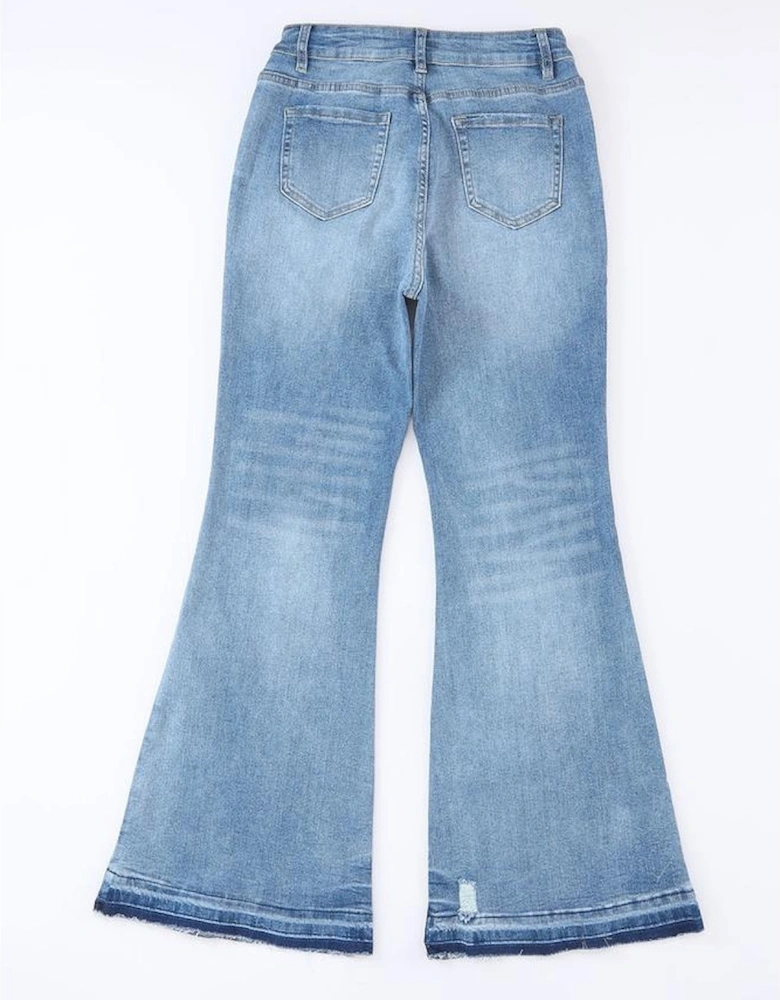 Sky Blue High Waist Buttoned Distressed Flared Jeans