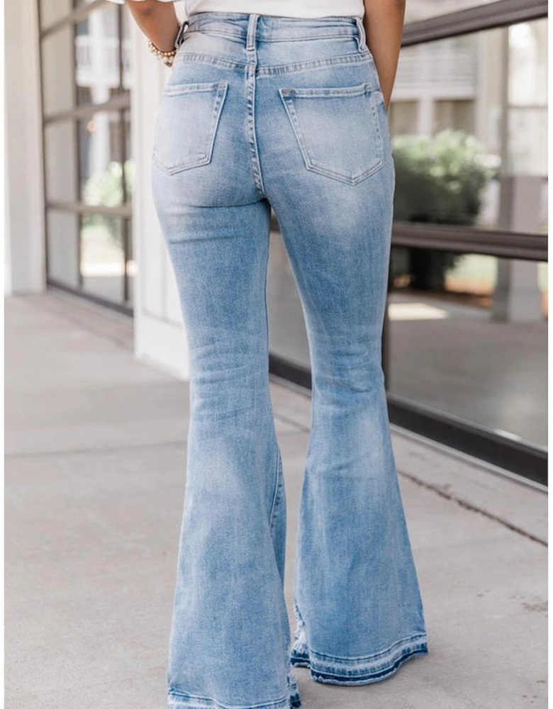 Sky Blue High Waist Buttoned Distressed Flared Jeans
