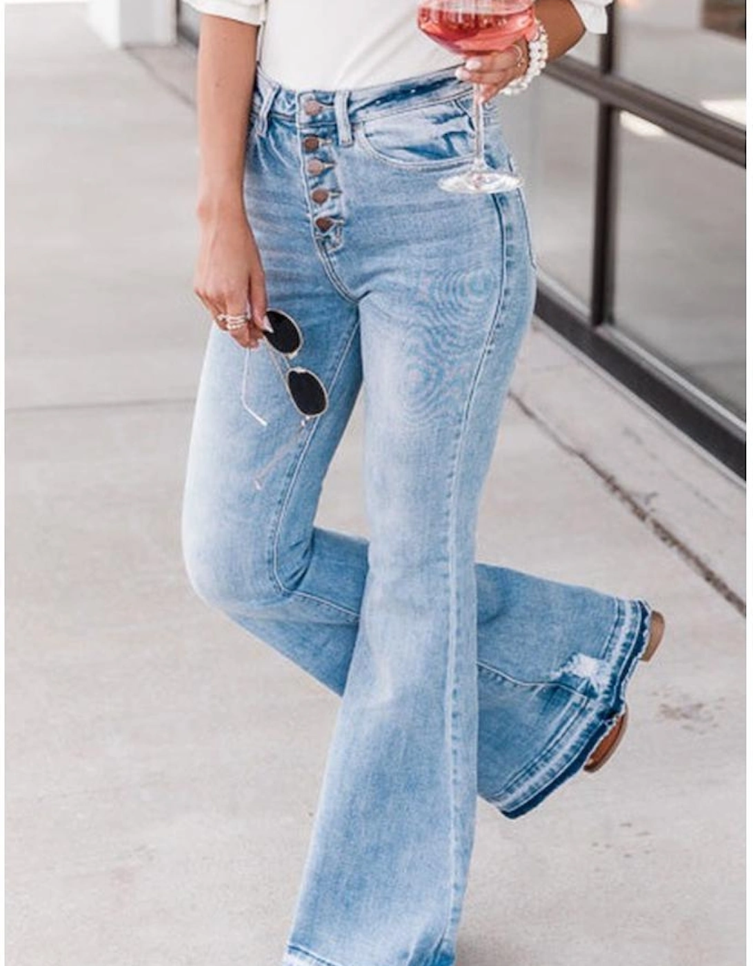 Sky Blue High Waist Buttoned Distressed Flared Jeans