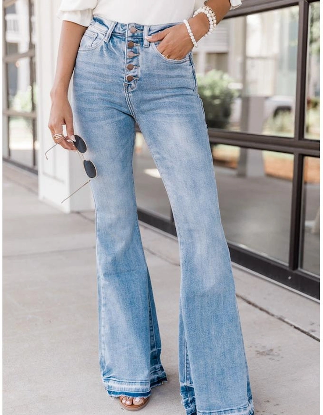 Sky Blue High Waist Buttoned Distressed Flared Jeans