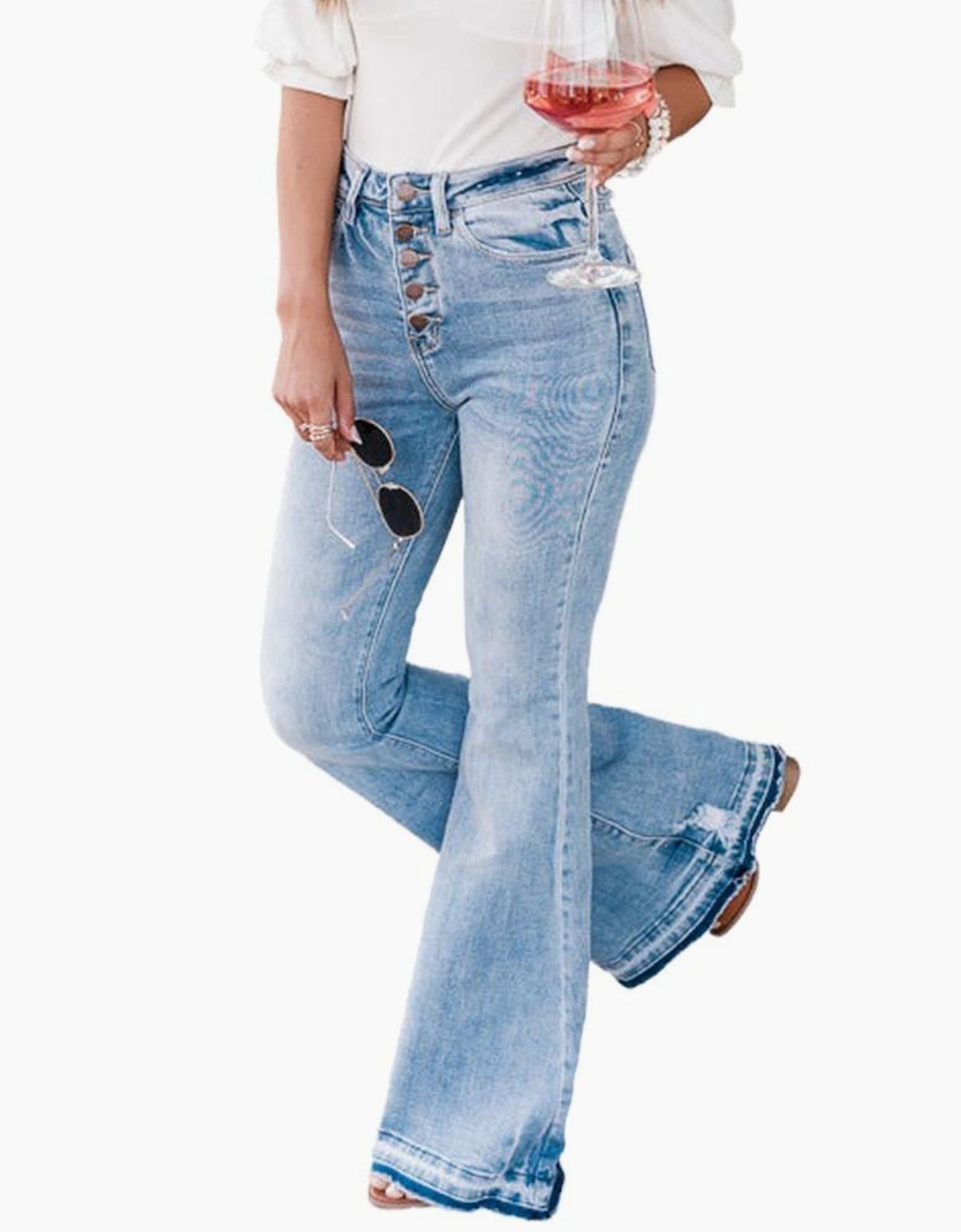 Sky Blue High Waist Buttoned Distressed Flared Jeans