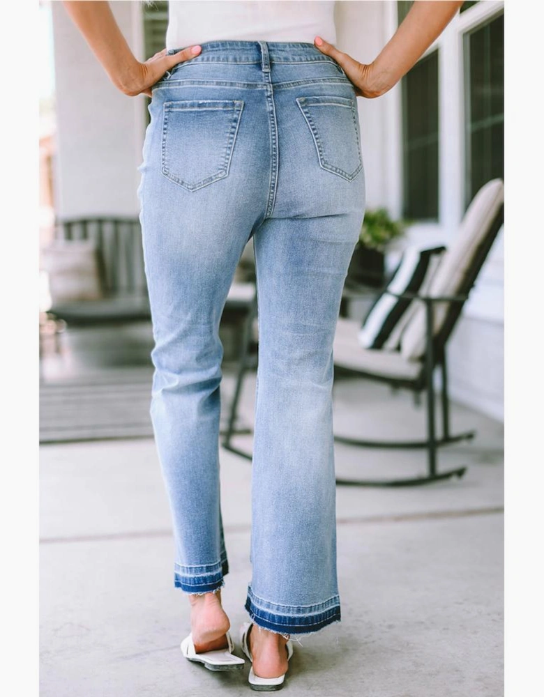Sky Blue High Waist Buttoned Distressed Flared Jeans