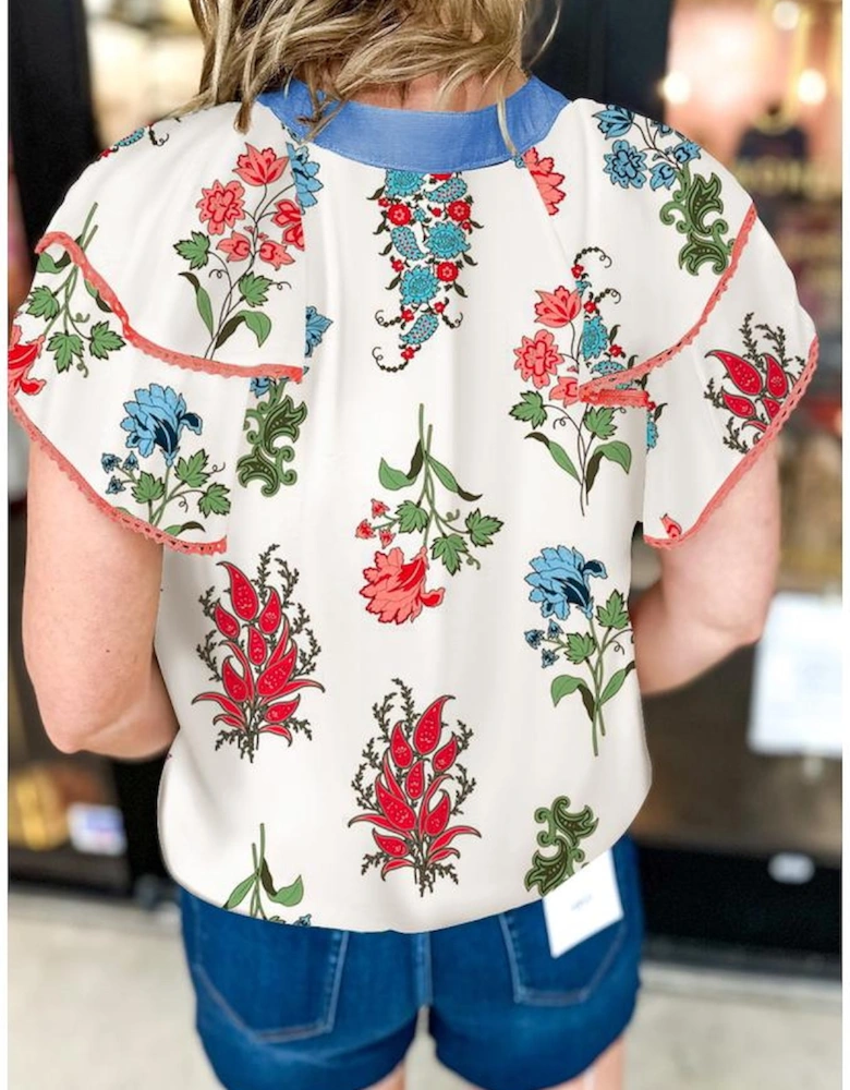 White Floral Print Contrast V Neck Tassel Tie Lace Detail Short Sleeve Blouse