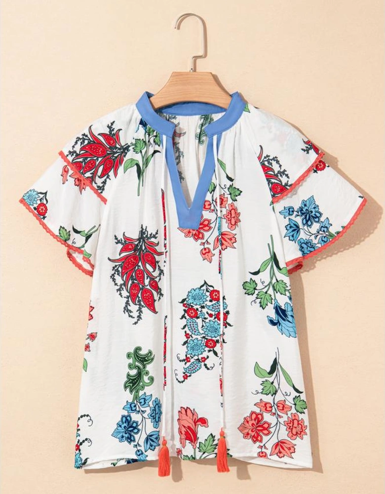 White Floral Print Contrast V Neck Tassel Tie Lace Detail Short Sleeve Blouse