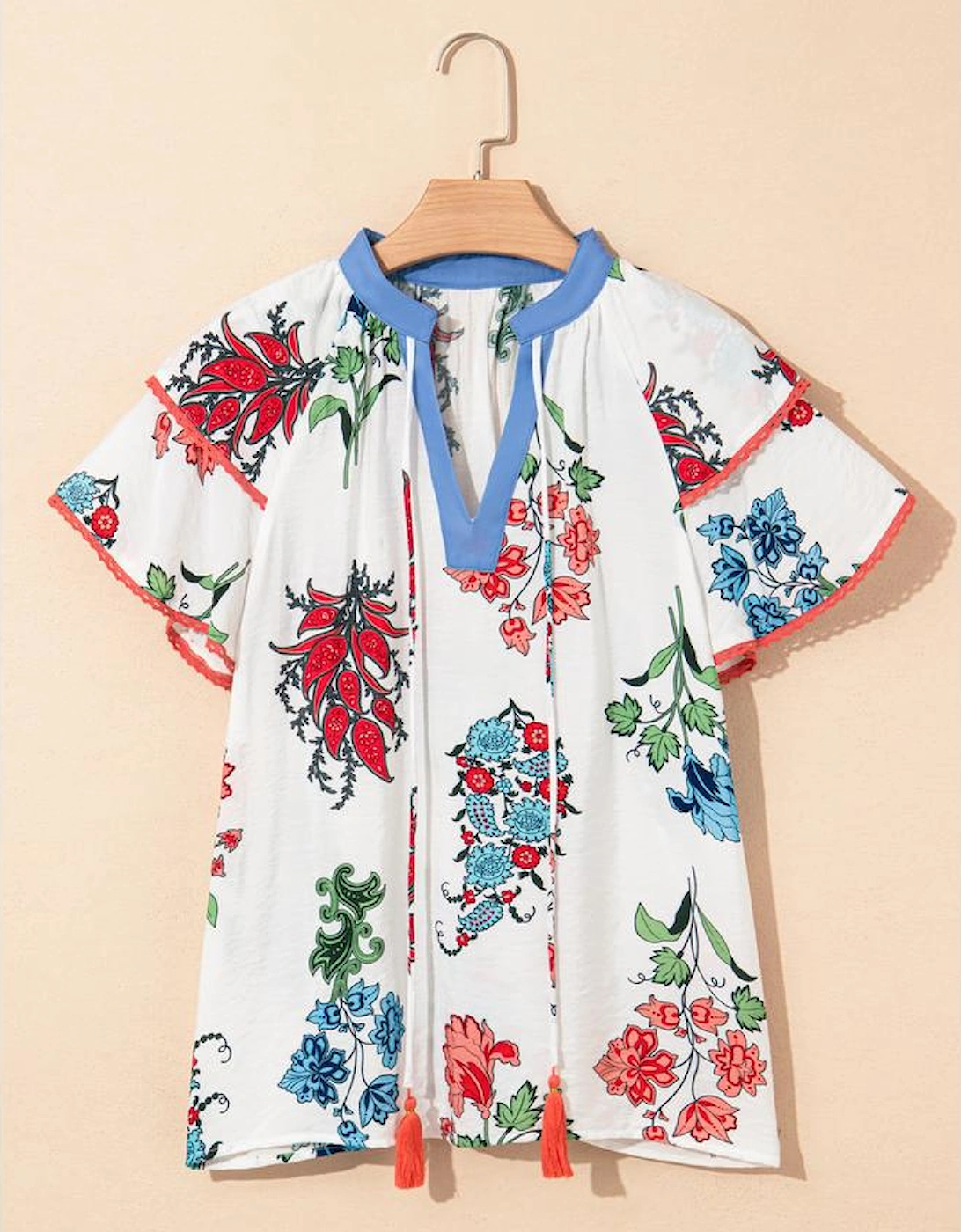 White Floral Print Contrast V Neck Tassel Tie Lace Detail Short Sleeve Blouse