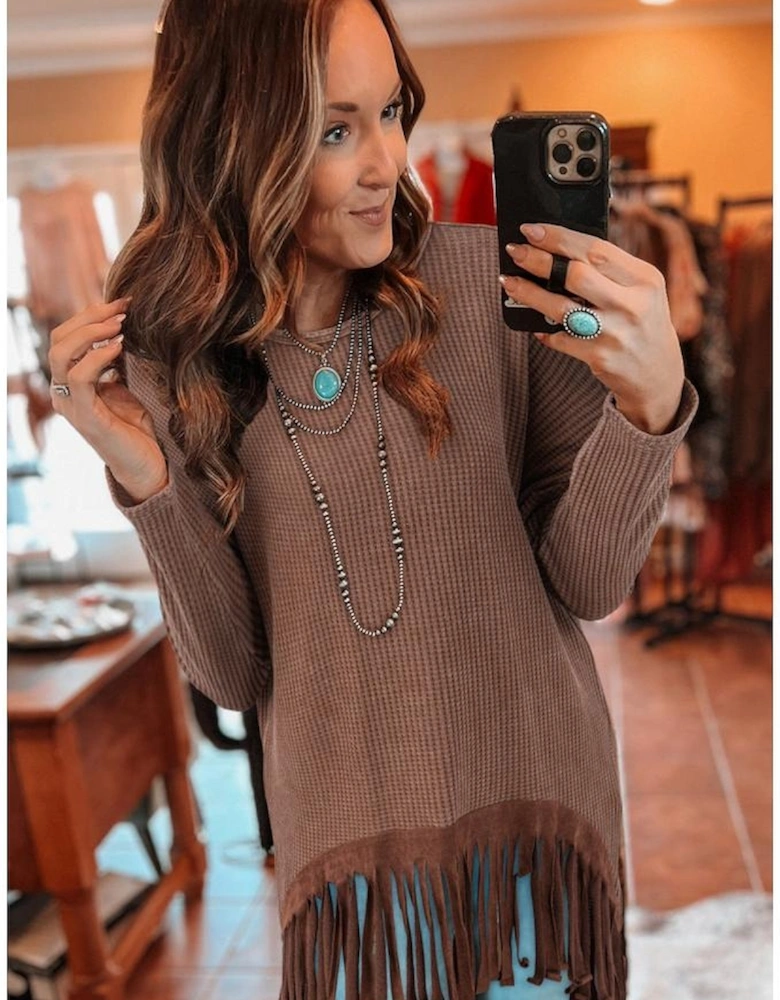 Coffee Waffle Knit Fringed High Low Loose Top