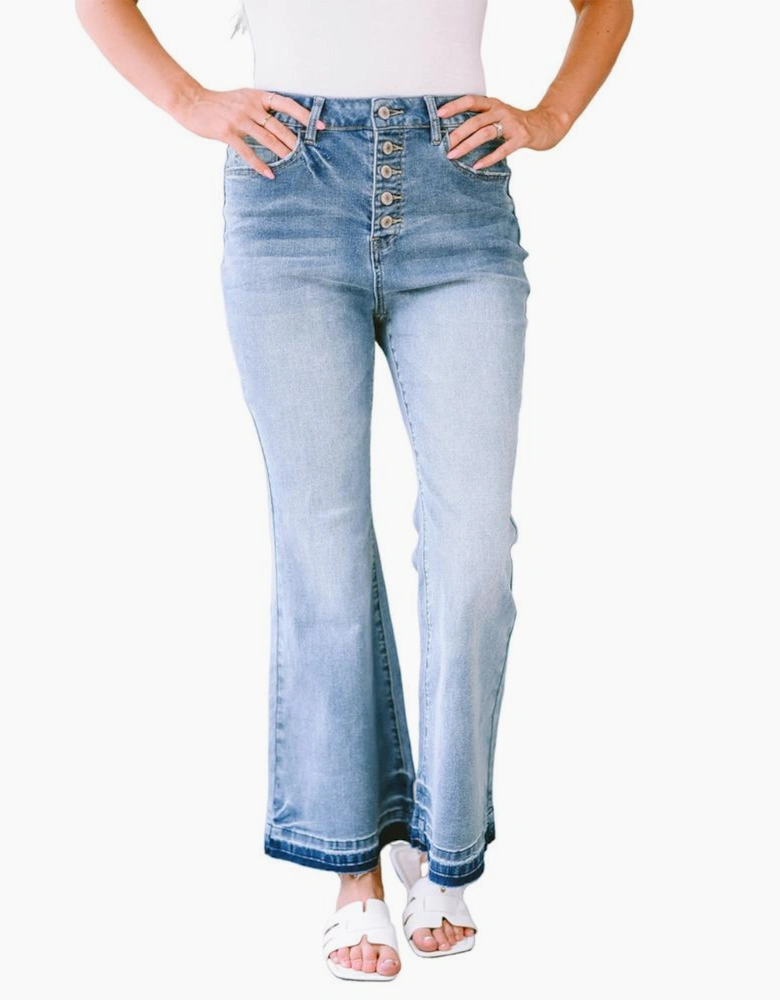 Sky Blue High Waist Buttoned Distressed Flared Jeans
