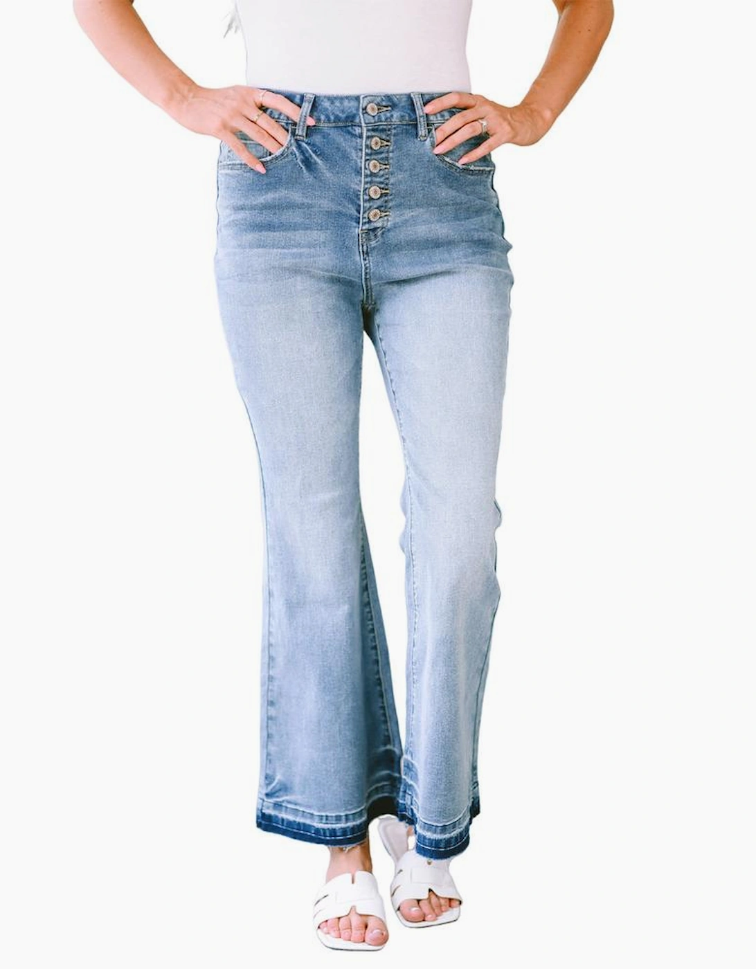 Sky Blue High Waist Buttoned Distressed Flared Jeans