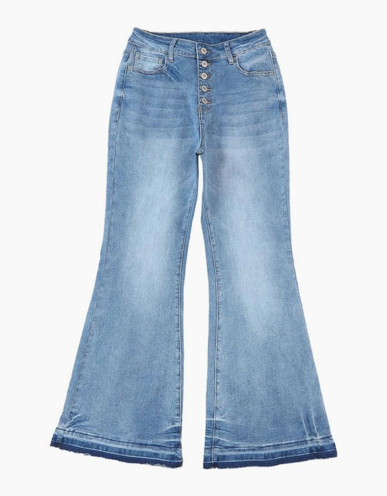 Sky Blue High Waist Buttoned Distressed Flared Jeans