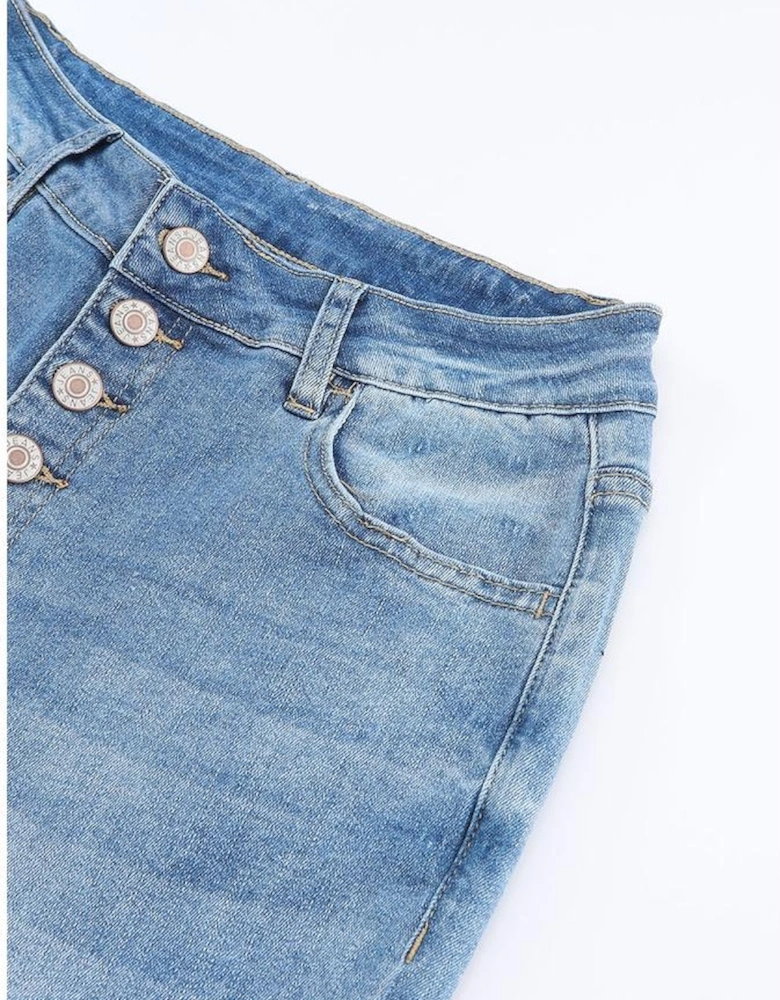 Sky Blue High Waist Buttoned Distressed Flared Jeans
