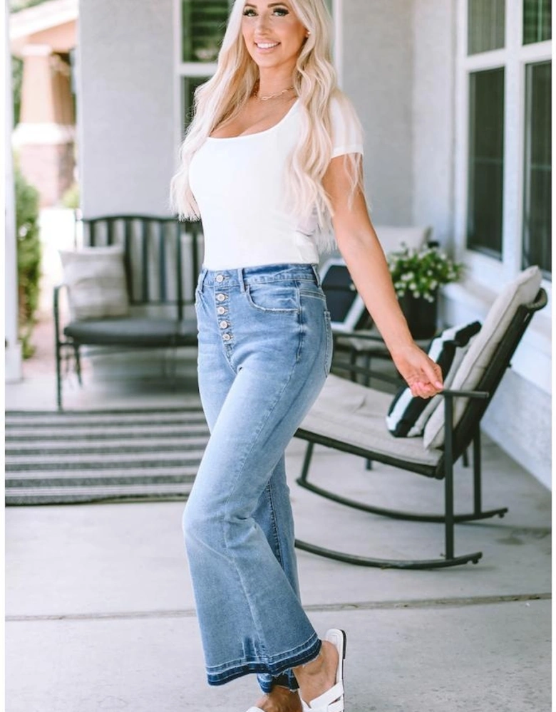 Sky Blue High Waist Buttoned Distressed Flared Jeans