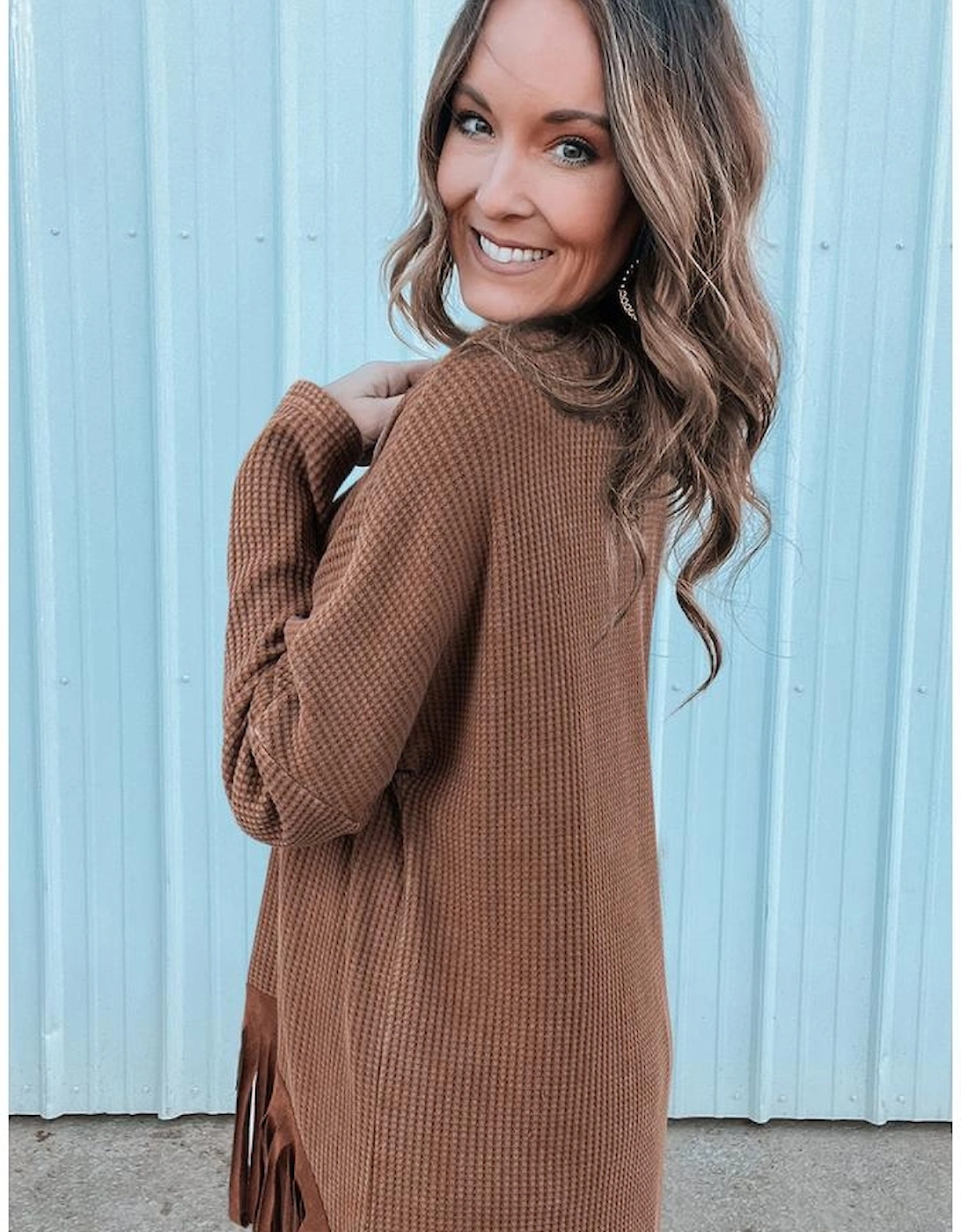 Coffee Waffle Knit Fringed High Low Loose Top