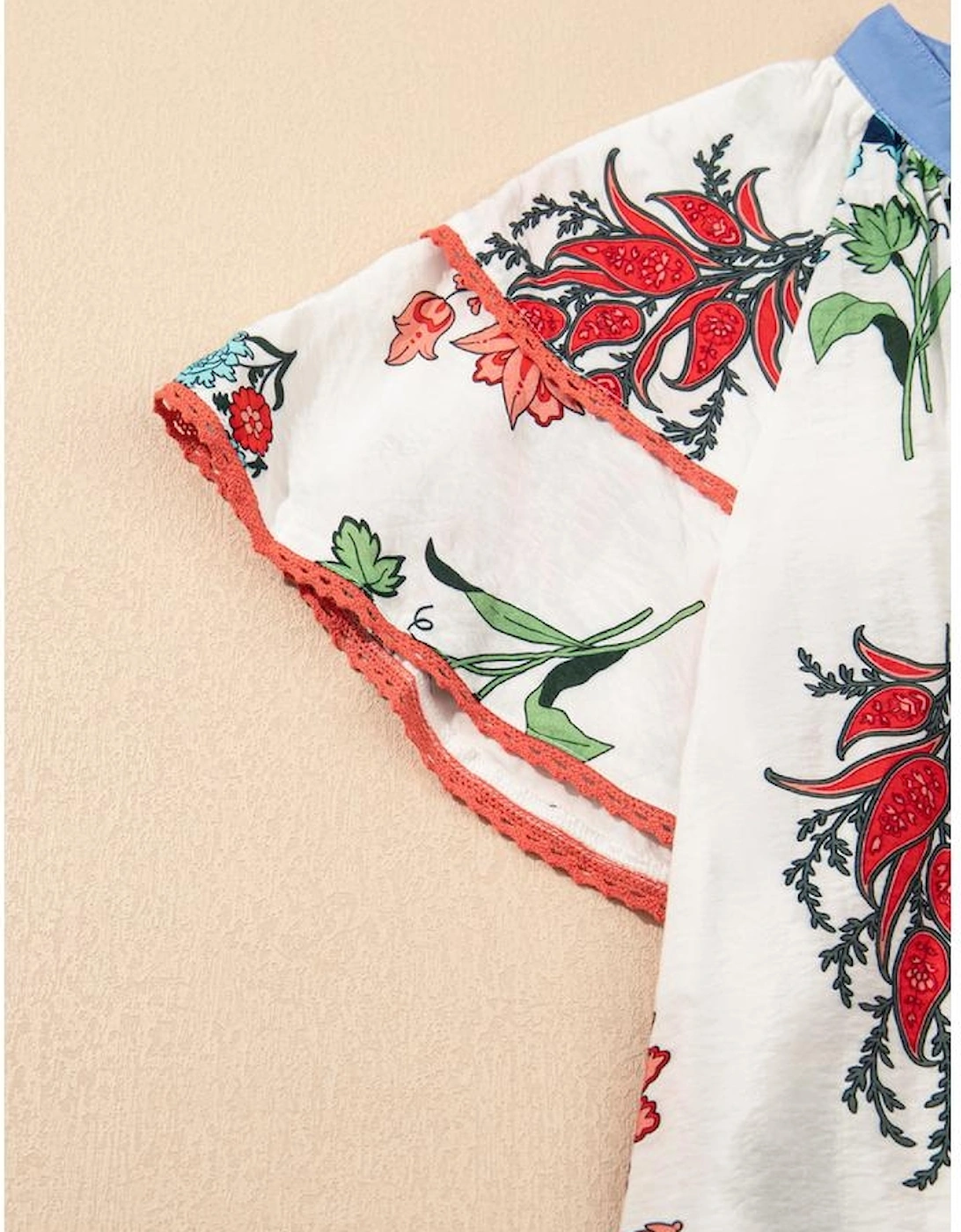 White Floral Print Contrast V Neck Tassel Tie Lace Detail Short Sleeve Blouse