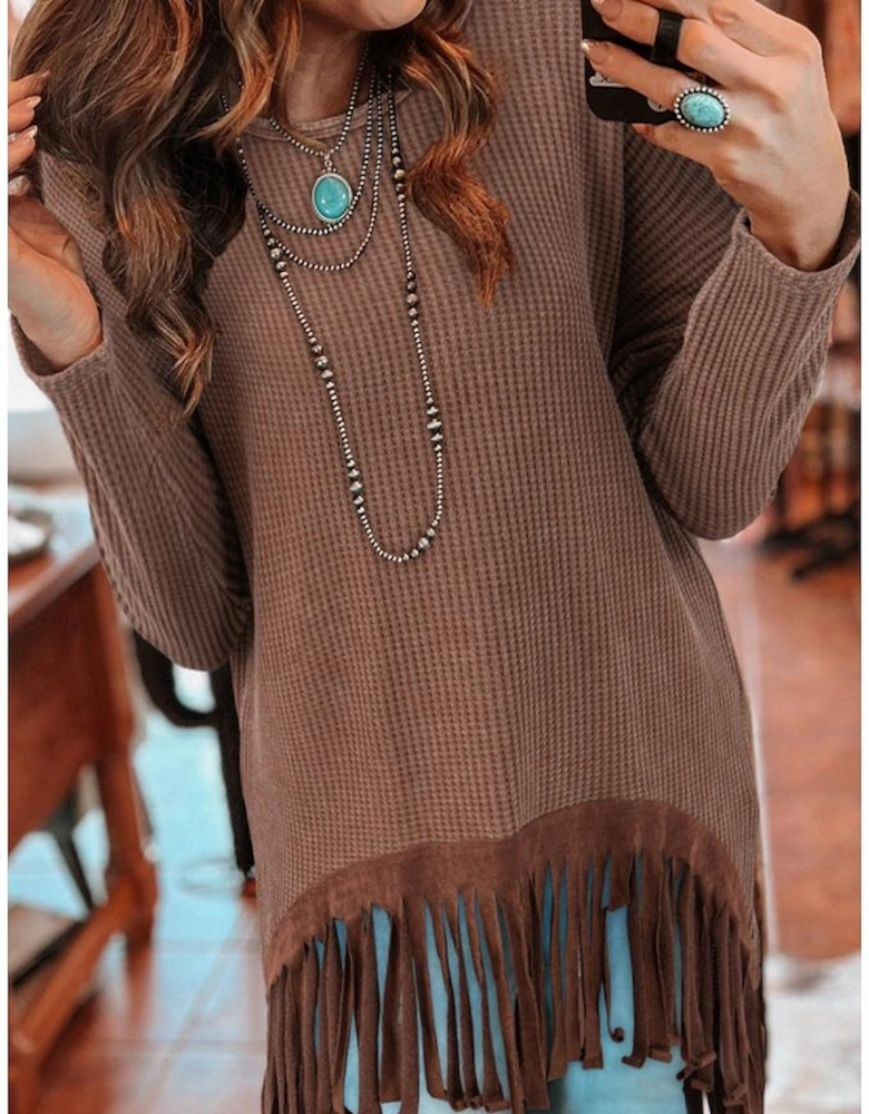 Coffee Waffle Knit Fringed High Low Loose Top