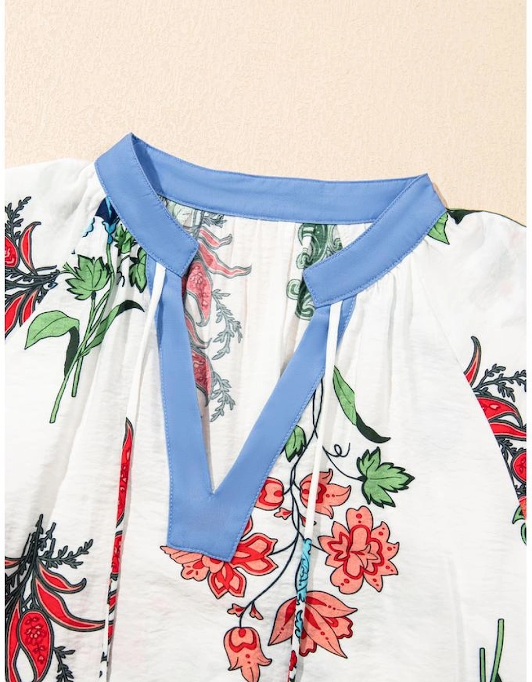 White Floral Print Contrast V Neck Tassel Tie Lace Detail Short Sleeve Blouse