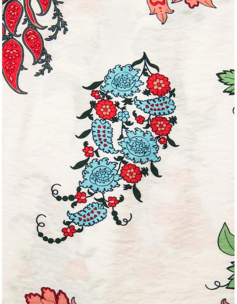 White Floral Print Contrast V Neck Tassel Tie Lace Detail Short Sleeve Blouse