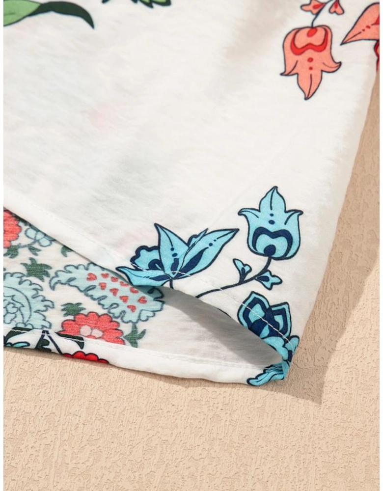 White Floral Print Contrast V Neck Tassel Tie Lace Detail Short Sleeve Blouse