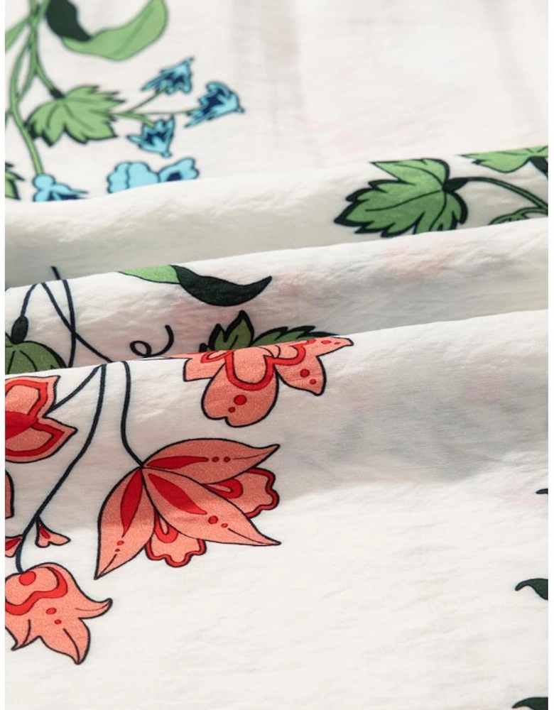 White Floral Print Contrast V Neck Tassel Tie Lace Detail Short Sleeve Blouse