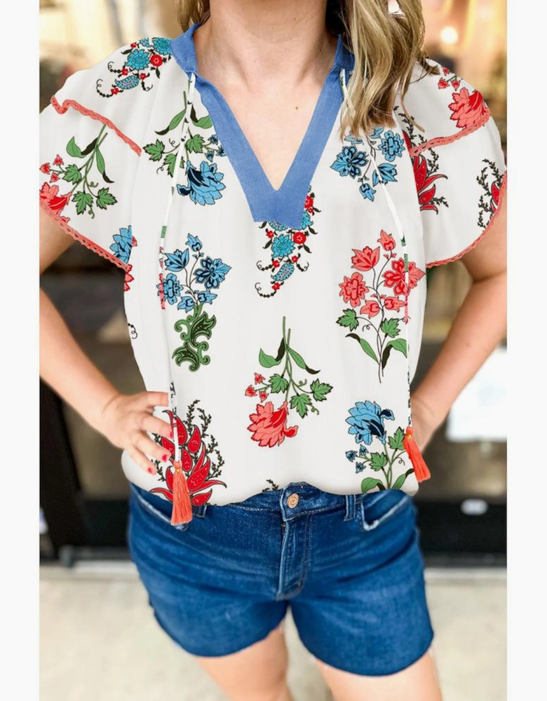 White Floral Print Contrast V Neck Tassel Tie Lace Detail Short Sleeve Blouse