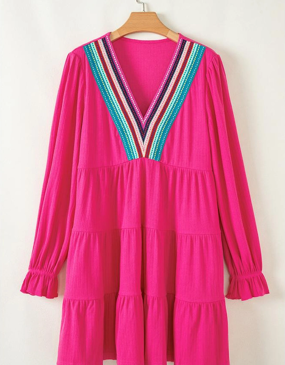 Rose Red Colorful Crochet V Neck Textured Tiered Ruffled Long Sleeve Mini Dress, 10 of 9