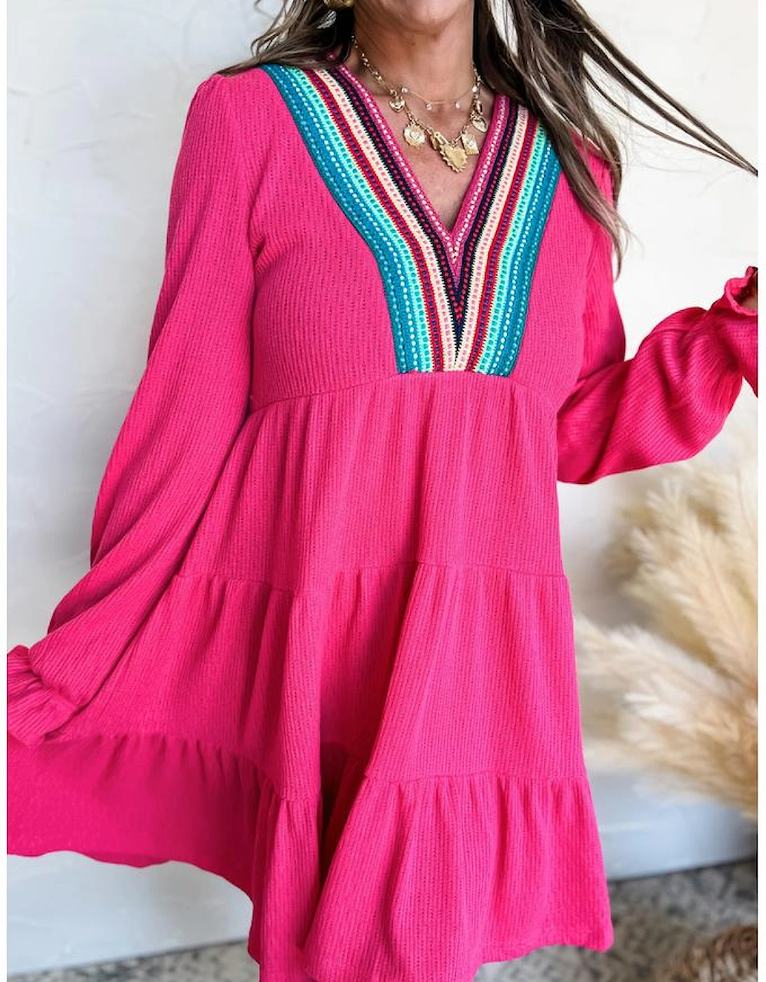 Rose Red Colorful Crochet V Neck Textured Tiered Ruffled Long Sleeve Mini Dress
