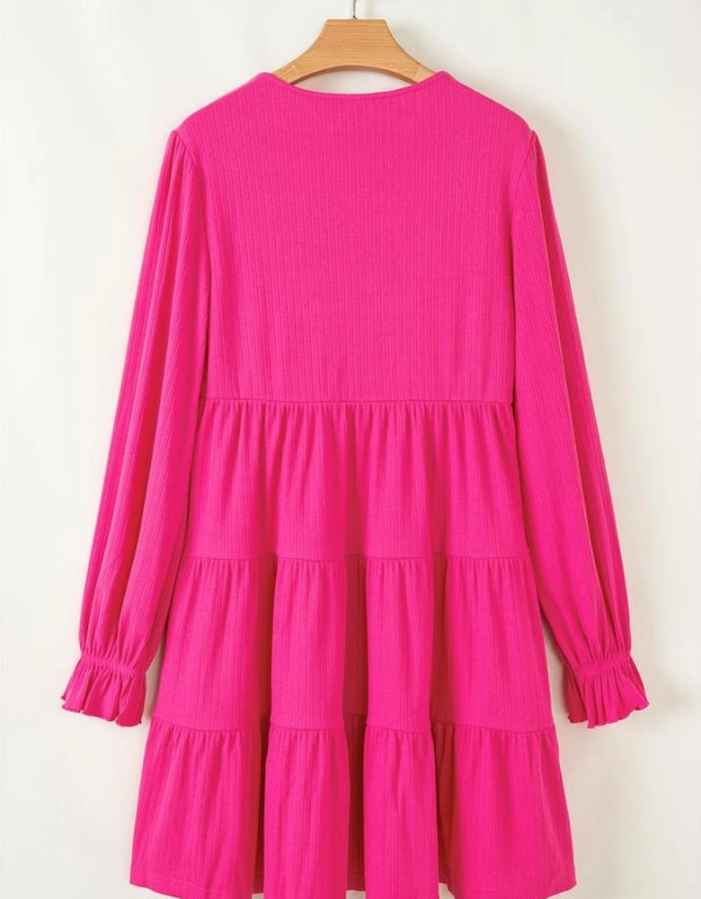 Rose Red Colorful Crochet V Neck Textured Tiered Ruffled Long Sleeve Mini Dress