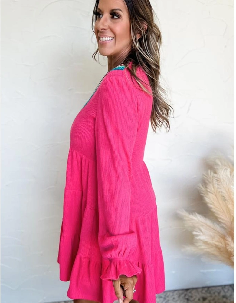 Rose Red Colorful Crochet V Neck Textured Tiered Ruffled Long Sleeve Mini Dress