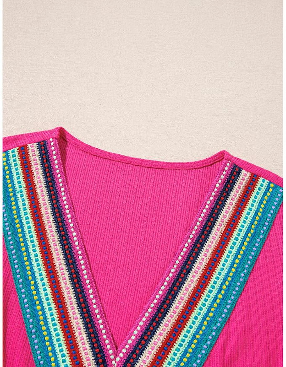 Rose Red Colorful Crochet V Neck Textured Tiered Ruffled Long Sleeve Mini Dress