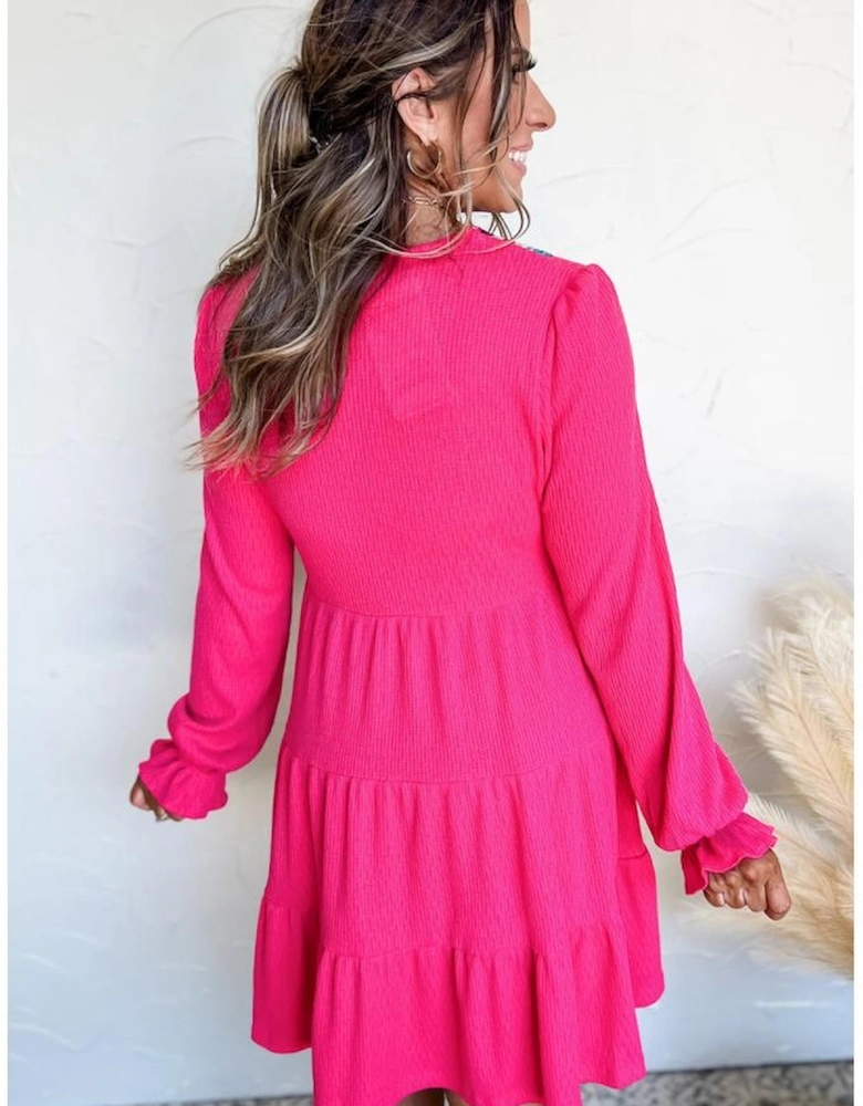 Rose Red Colorful Crochet V Neck Textured Tiered Ruffled Long Sleeve Mini Dress