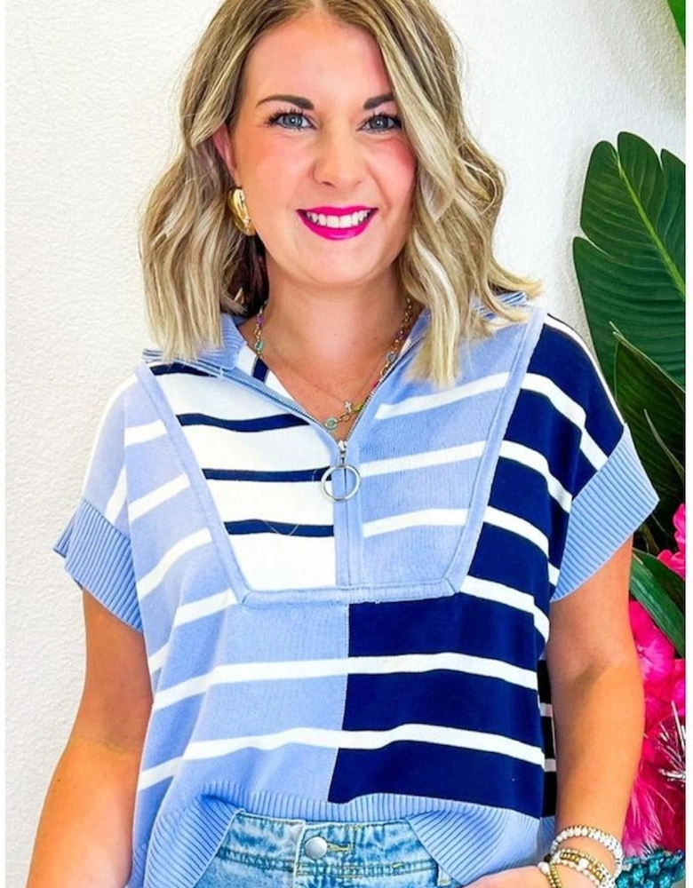 Sky Blue Stripe Colorblock Quarter Zip Collar Sweater Vest