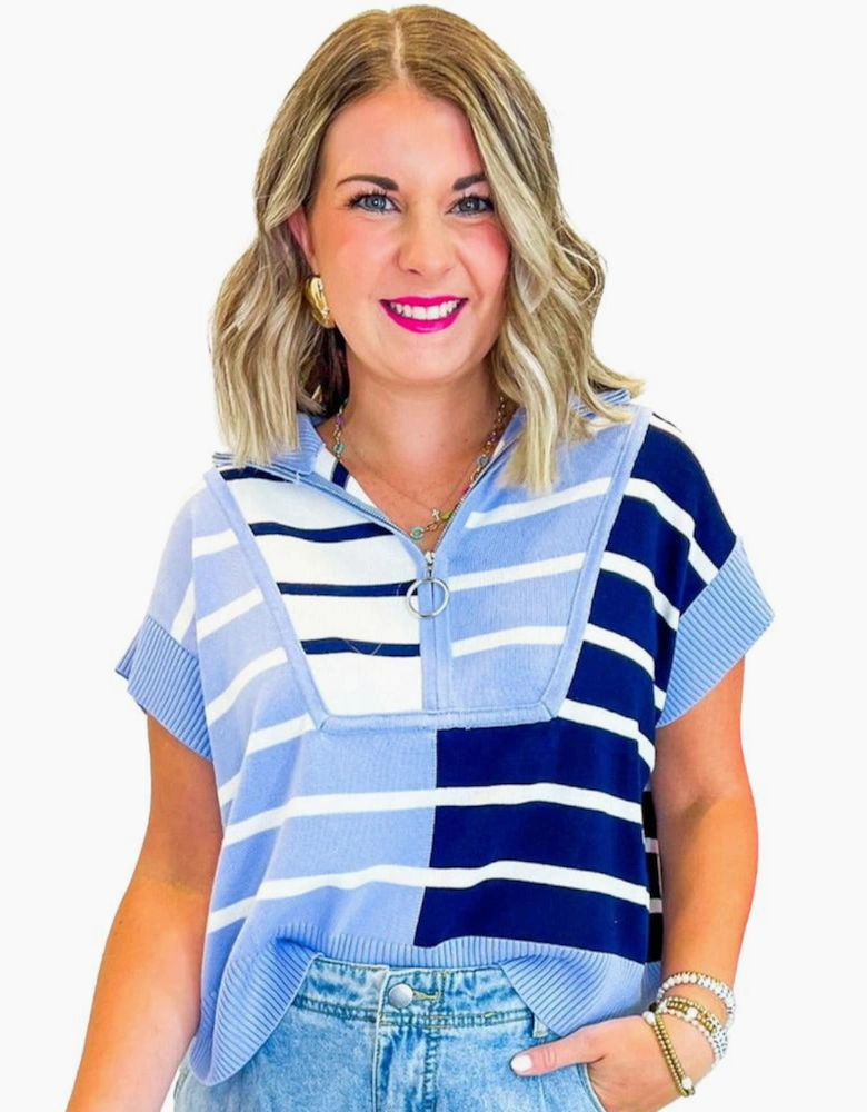 Sky Blue Stripe Colorblock Quarter Zip Collar Sweater Vest