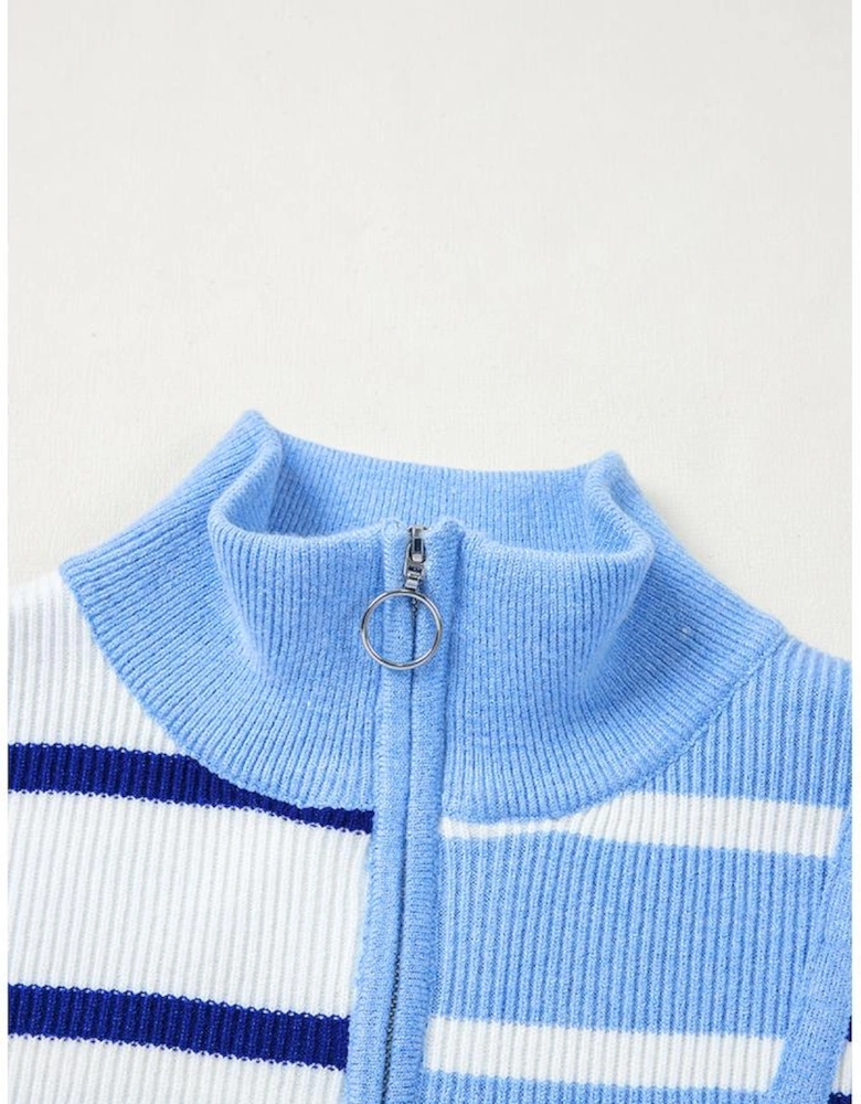 Sky Blue Stripe Colorblock Quarter Zip Collar Sweater Vest