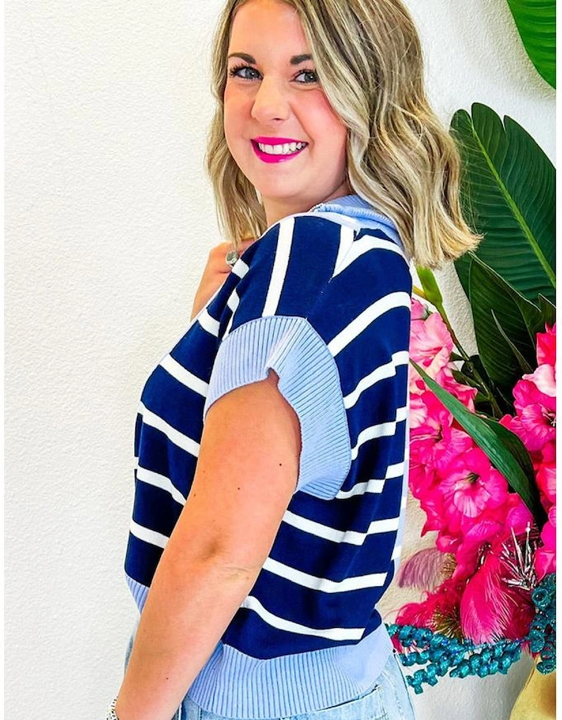 Sky Blue Stripe Colorblock Quarter Zip Collar Sweater Vest