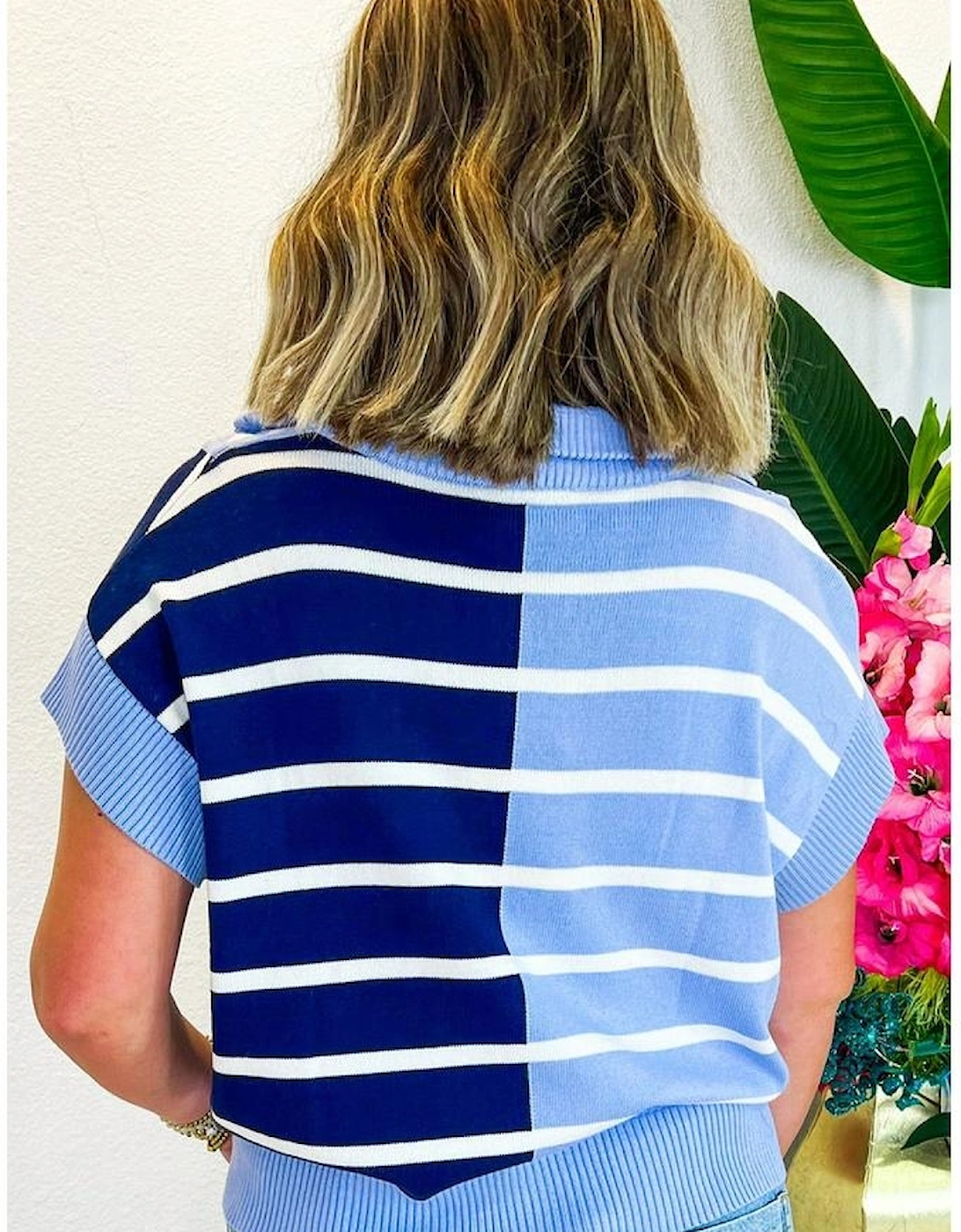 Sky Blue Stripe Colorblock Quarter Zip Collar Sweater Vest