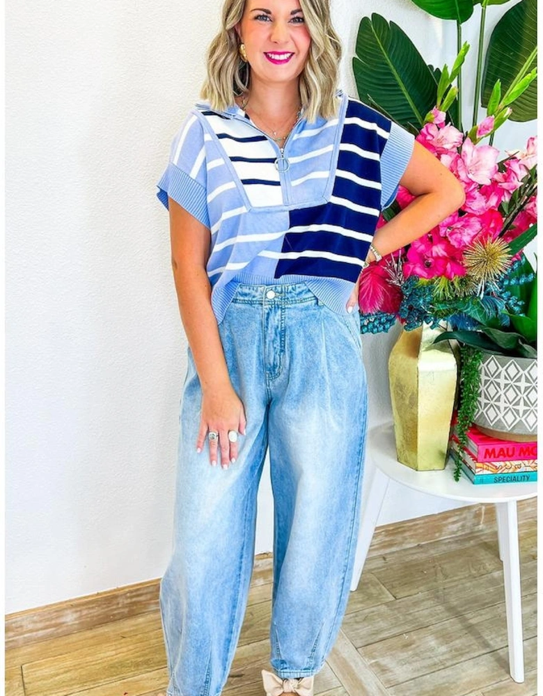 Sky Blue Stripe Colorblock Quarter Zip Collar Sweater Vest