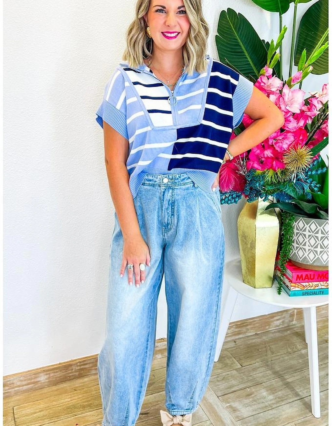 Sky Blue Stripe Colorblock Quarter Zip Collar Sweater Vest