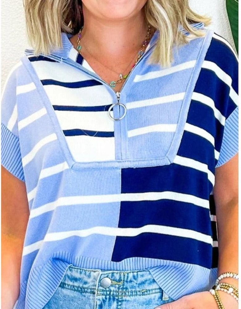 Sky Blue Stripe Colorblock Quarter Zip Collar Sweater Vest