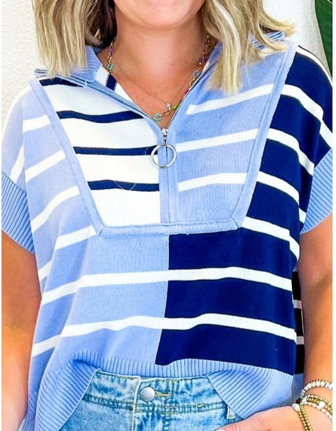 Sky Blue Stripe Colorblock Quarter Zip Collar Sweater Vest